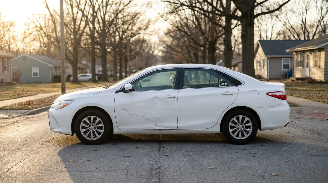 Uber-branded sedan with visible side door dents parked on residential street
