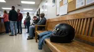 motorcycle helmet resting on wooden bench in crowded government waiting room