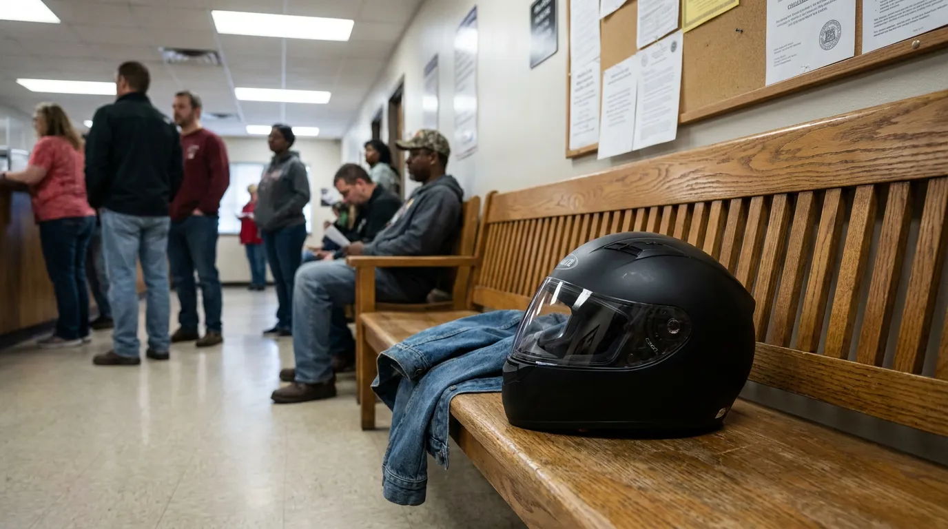 motorcycle helmet resting on wooden bench in crowded government waiting room