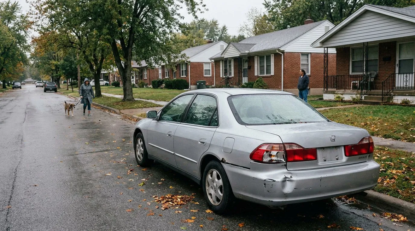 damaged sedan with dented rear bumper parked on wet residential street