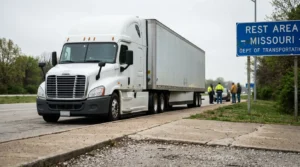 semi-truck parked at Missouri Dept of Transportation rest area with bystanders nearby