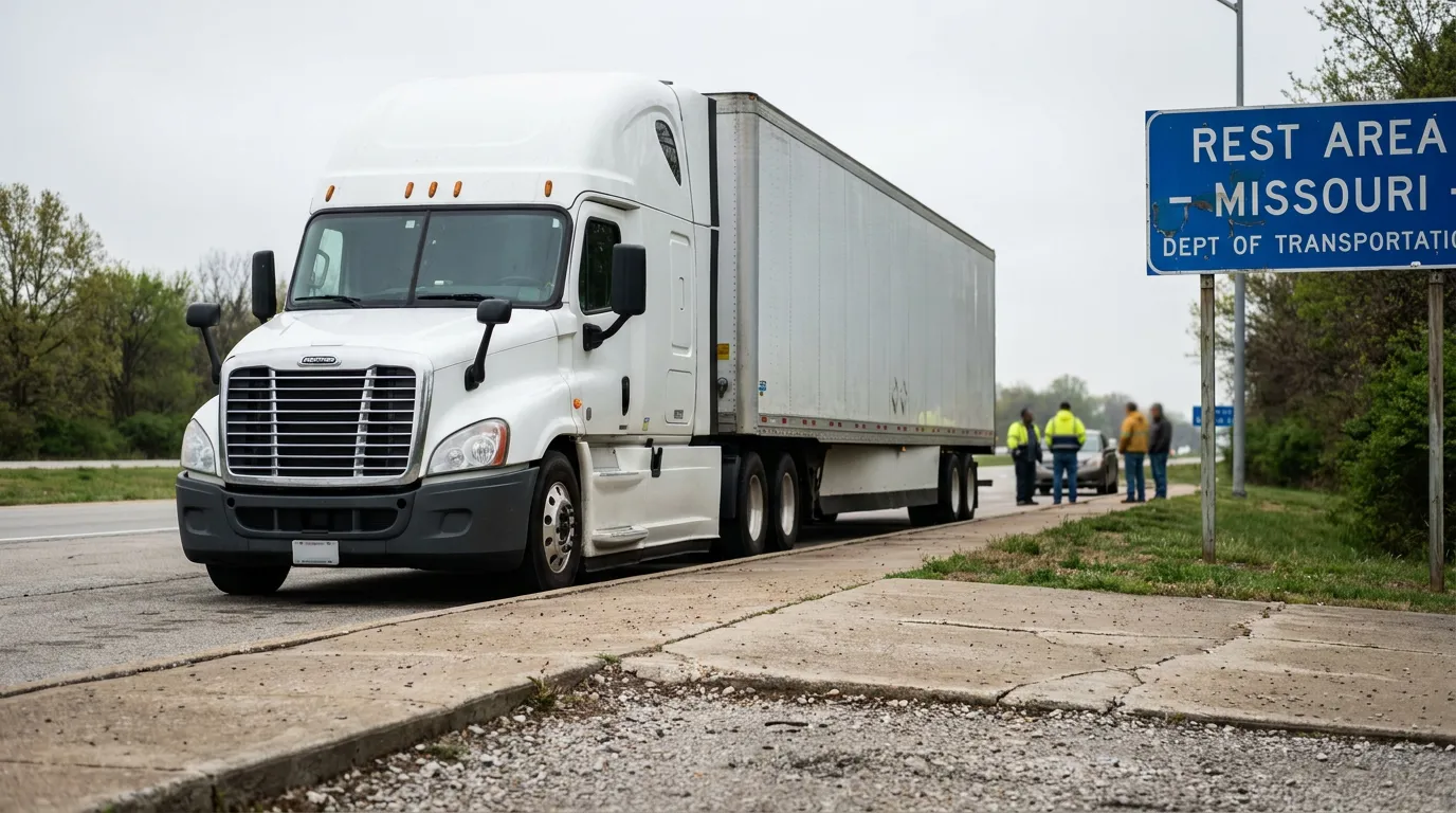 semi-truck parked at Missouri Dept of Transportation rest area with bystanders nearby