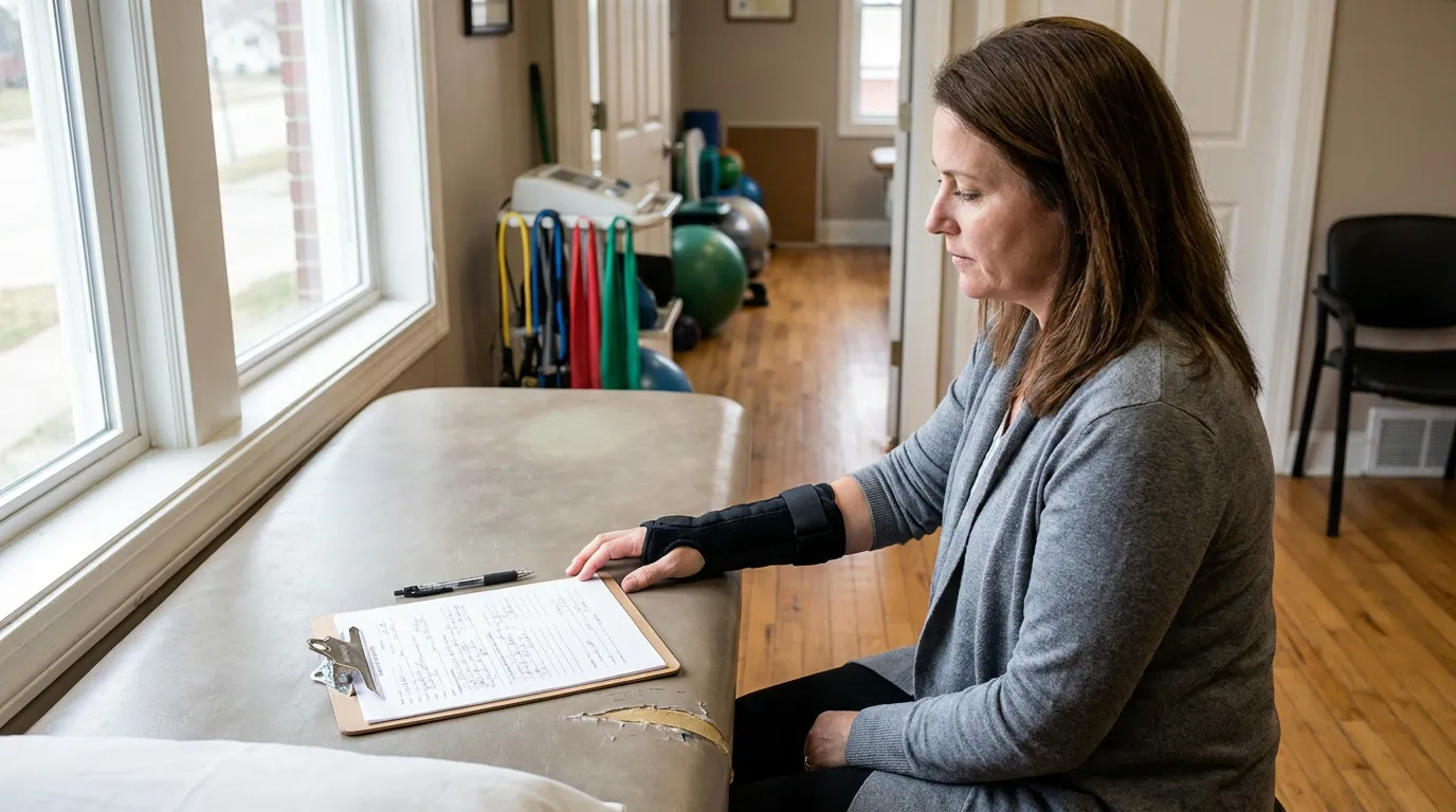 woman wearing wrist brace reviewing clipboard paperwork in physical therapy clinic