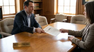 Missouri State Bar nameplate on desk as attorney hands legal document to client