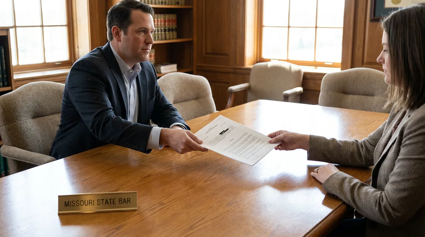 Missouri State Bar nameplate on desk as attorney hands legal document to client