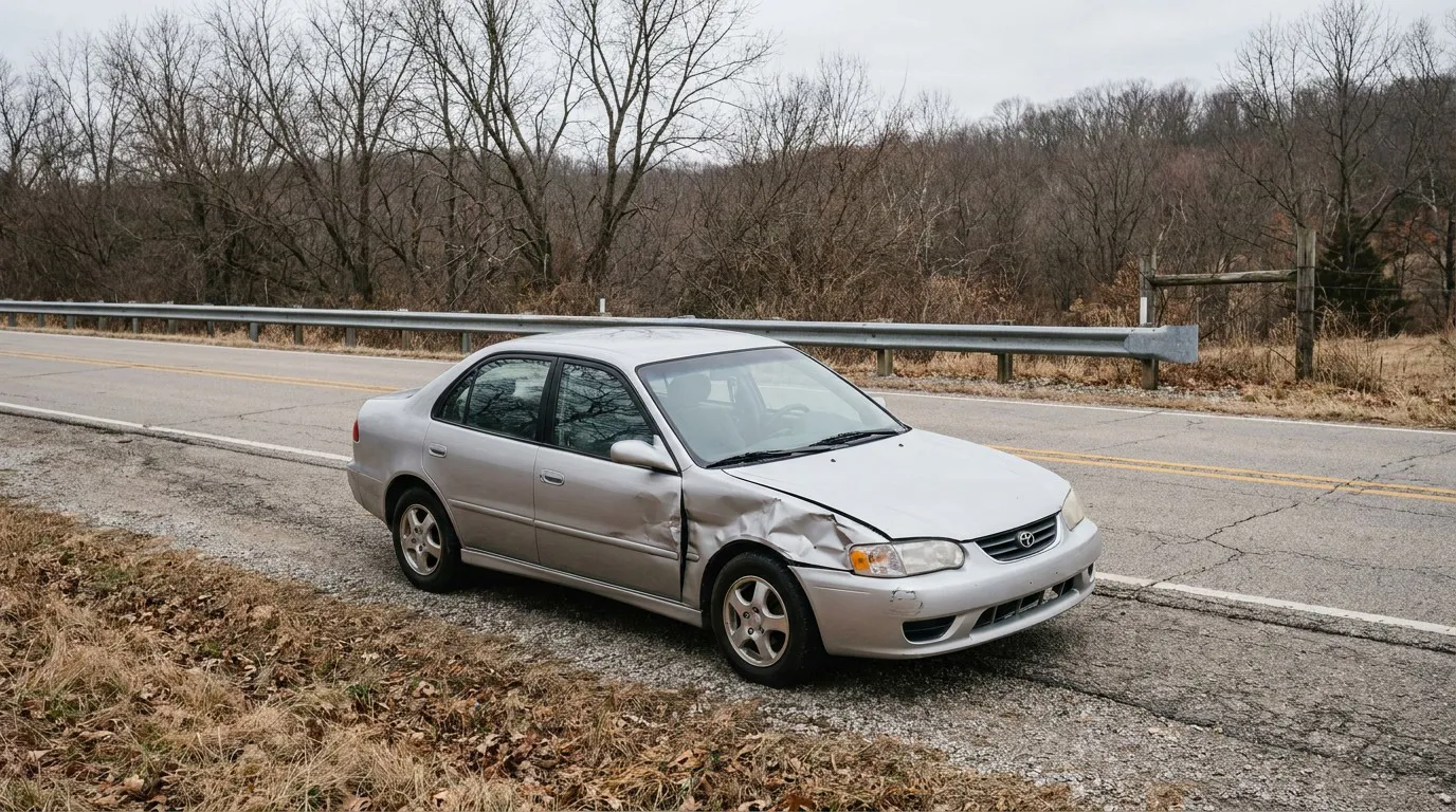 Toyota sedan with front-end collision damage stopped on rural roadside
