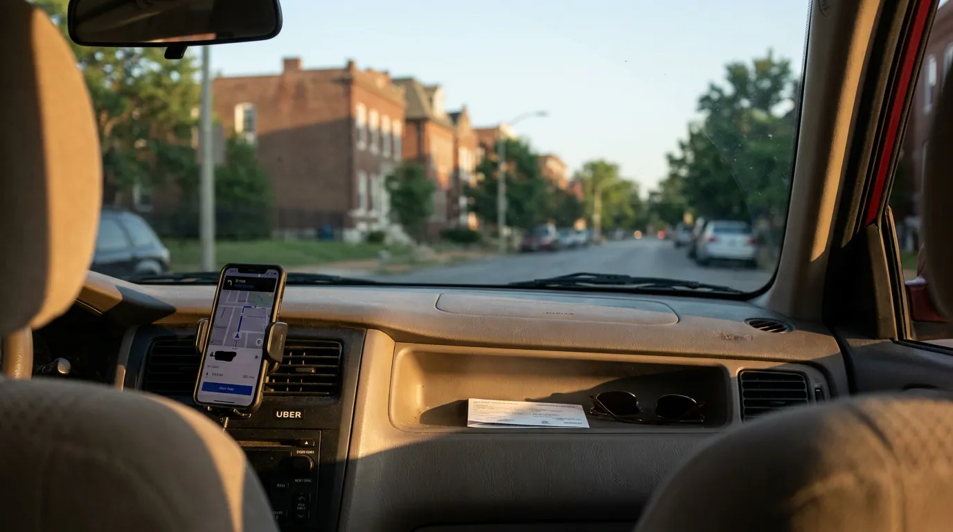 Uber vehicle interior with mounted phone displaying navigation map app on dashboard
