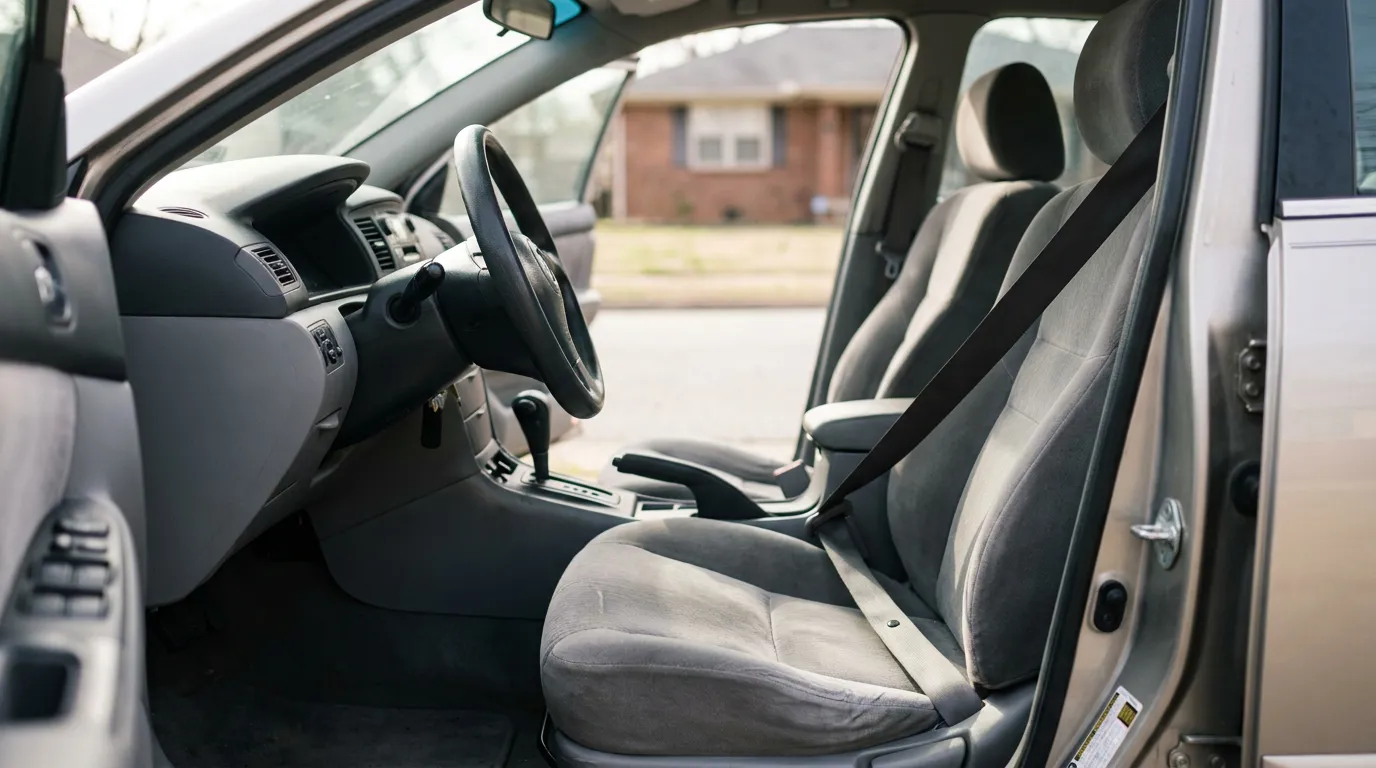 car interior showing front seat with seatbelt, steering wheel, and dashboard