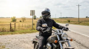 helmeted motorcyclist in riding jacket and gloves stopped on rural road