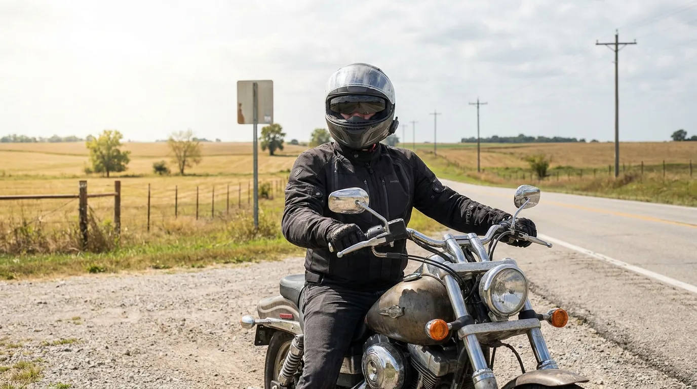 helmeted motorcyclist in riding jacket and gloves stopped on rural road