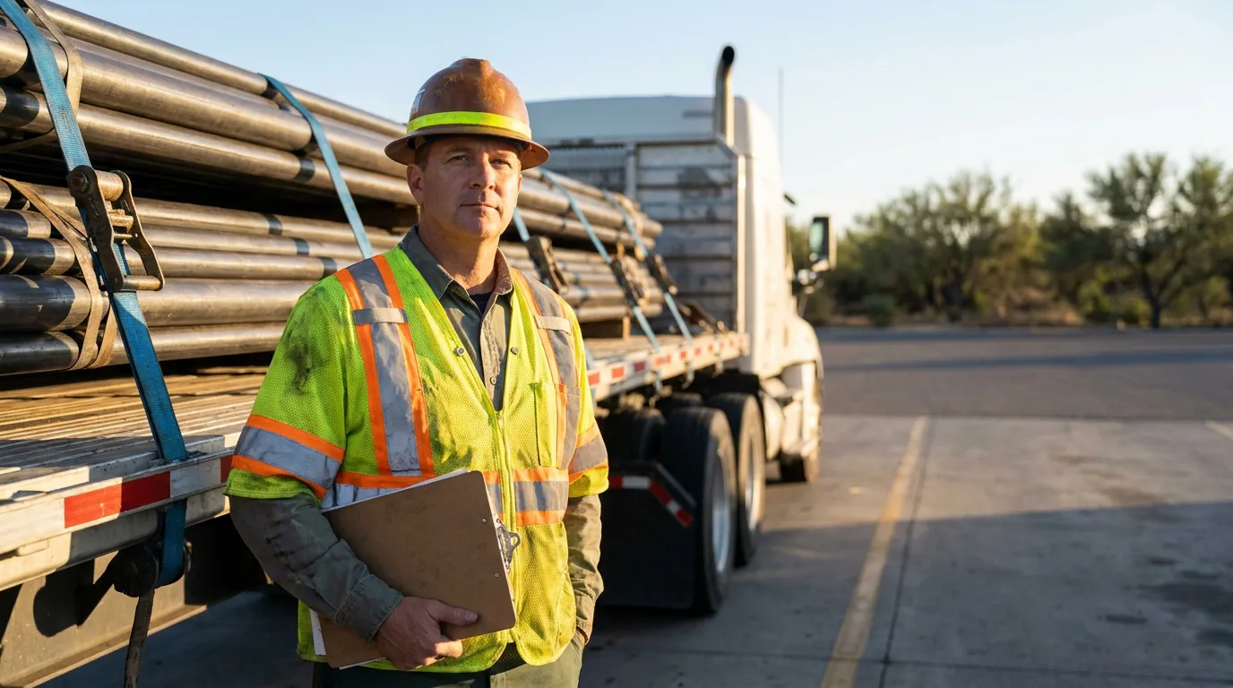 construction worker in hard hat holding clipboard beside flatbed truck loaded with pipes