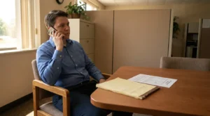 man seated at office table talking on phone with legal documents nearby