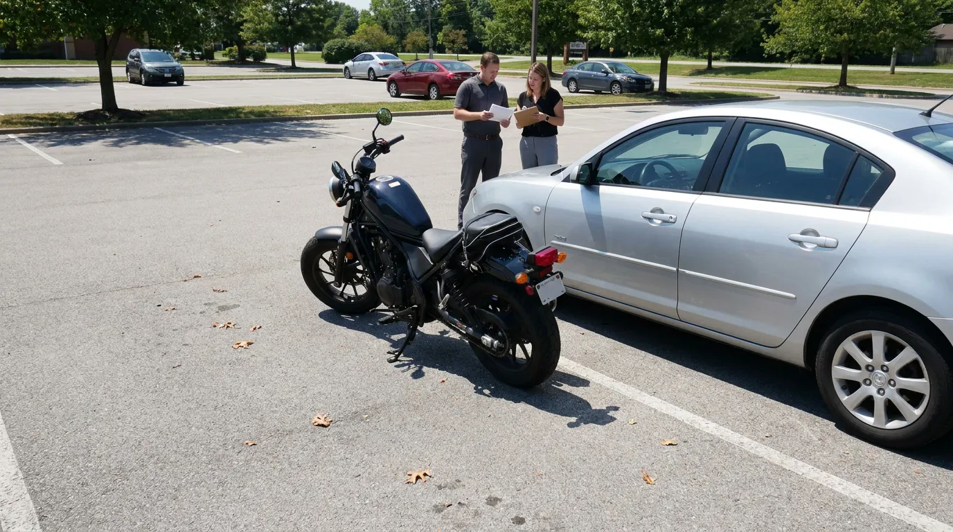 two people reviewing documents beside motorcycle and sedan in parking lot