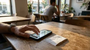 hand tapping smartphone beside printed Uber receipt on wooden cafe table