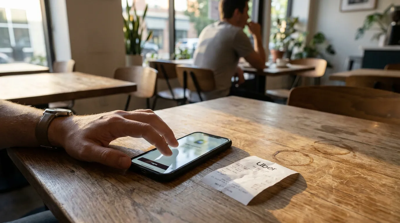 hand tapping smartphone beside printed Uber receipt on wooden cafe table